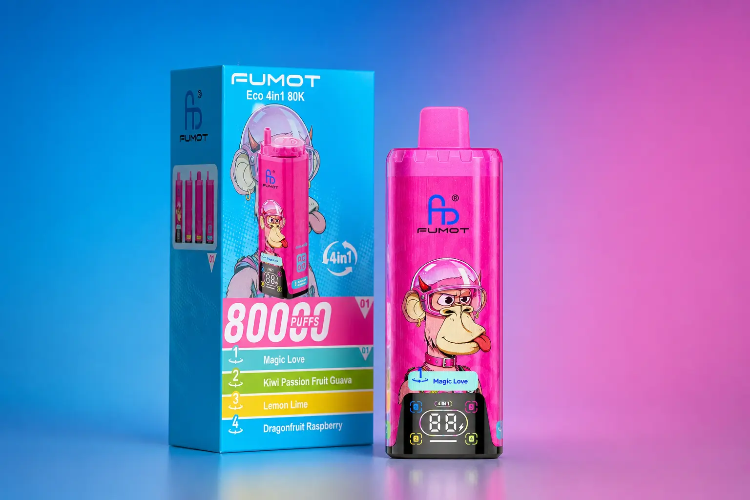 Fumot Eco 4in1 80K urządzenie i opakowanie na zdjęciu studyjnym