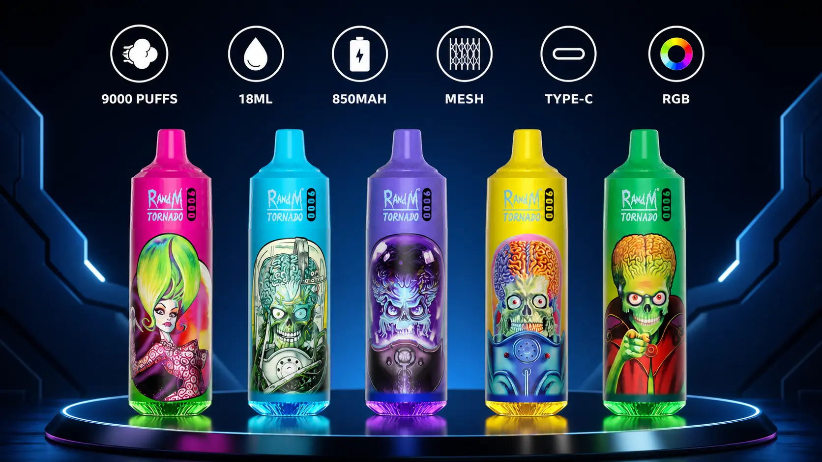 Fumot RandM Tornado 9000 Puffs specyfikacja i ikony