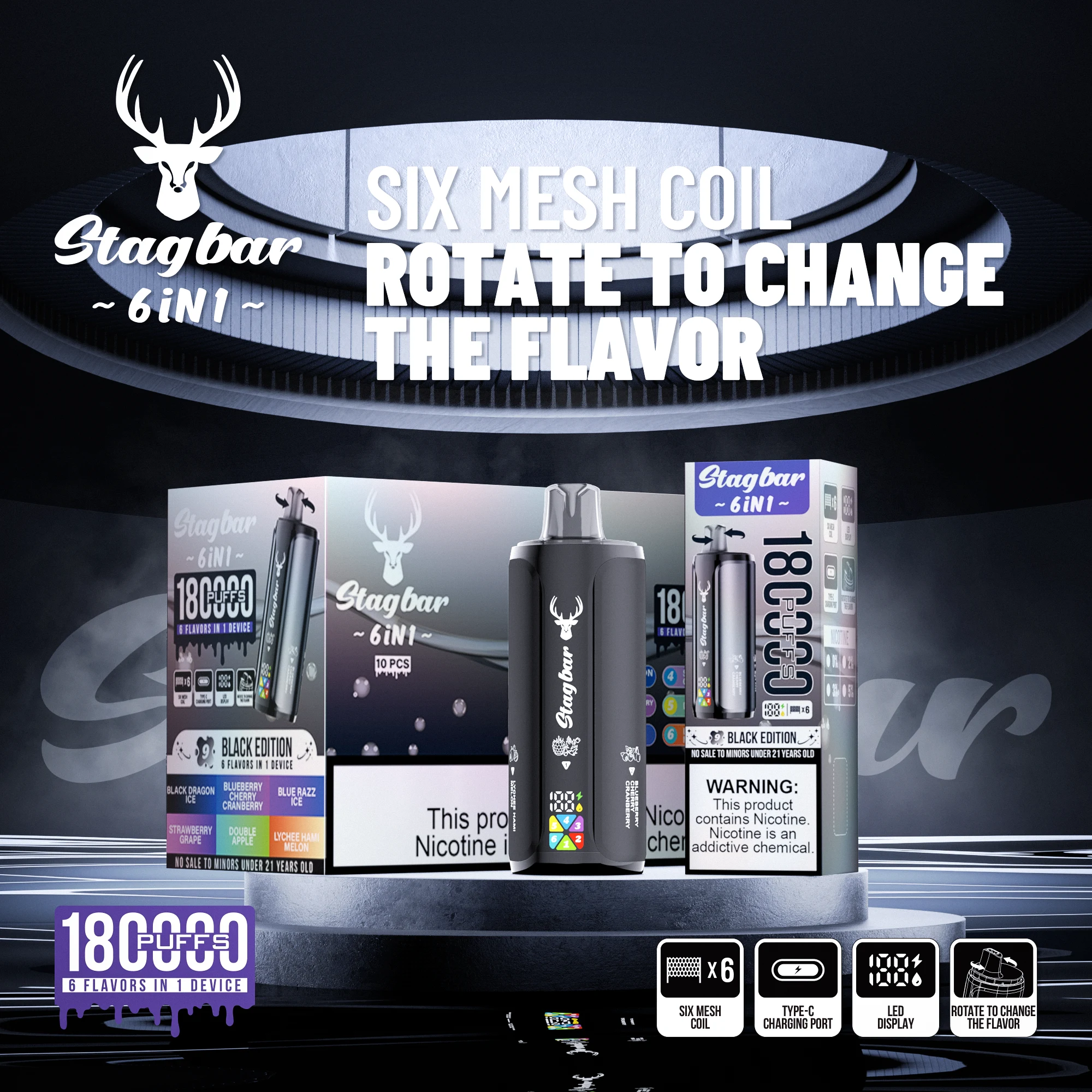 Stagbar 6in1 180000 Puffs mechanizm obrotowy ustnika i ekran LED